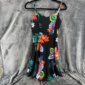 Old Navy Fit & Flare Black Printed Tropical Spaghetti Strap Sundress Size Medium